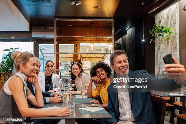 group selfie, business lunch fun - age contrast stock pictures, royalty-free photos & images