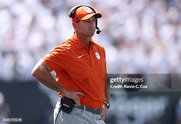 Head coach Dabo Swinney of the Clemson Tigers looks on during the first quarter of the game between the Clemson Tigers and Georgia Tech Yellow...