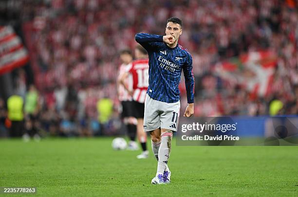 Gabriel Martinelli of Arsenal celebrates scoring his team's first goal during the UEFA Champions League 2025/26 League Phase MD1 match between...