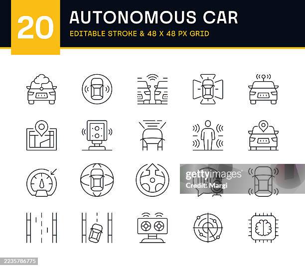 ilustraciones, imágenes clip art, dibujos animados e iconos de stock de conjunto de iconos de línea del sistema de automóvil autónomo - autonomous vehicle lidar