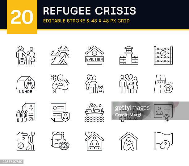 refugee crisis line icon set - refugee facility stock illustrations