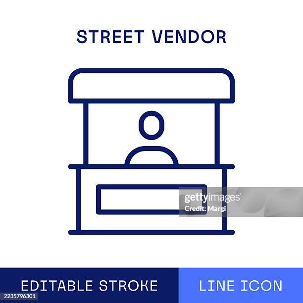 ilustraciones, imágenes clip art, dibujos animados e iconos de stock de icono de una sola línea de vendedor ambulante - stand
