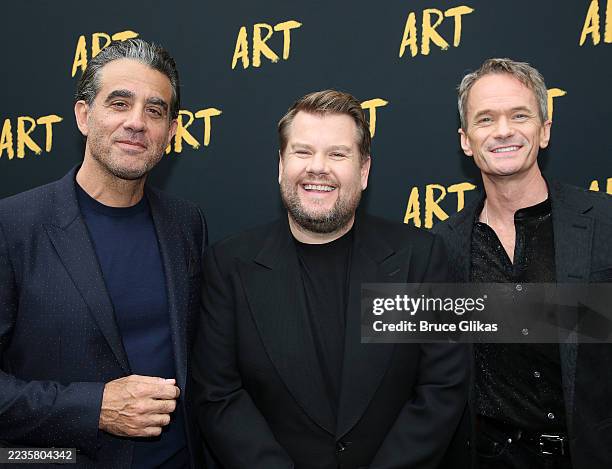 Bobby Cannavale, James Corden and Neil Patrick Harris pose at the opening night of the play "ART" on Broadway at The Music Box Theatre on September...