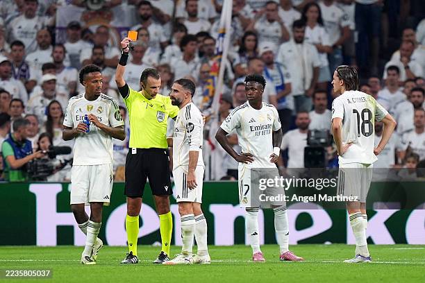 Dani Carvajal of Real Madrid is shown a red card by Referee Irfan Peljto during the UEFA Champions League 2025/26 League Phase MD1 match between Real...