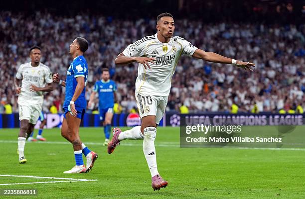 Kylian Mbappe of Real Madrid celebrates scoring his team's second goal from the penalty spot during the UEFA Champions League 2025/26 League Phase...