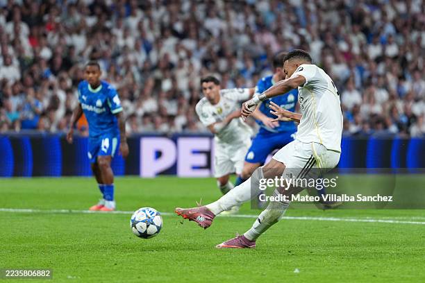 Kylian Mbappe of Real Madrid scores his team's second goal from the penalty spot during the UEFA Champions League 2025/26 League Phase MD1 match...