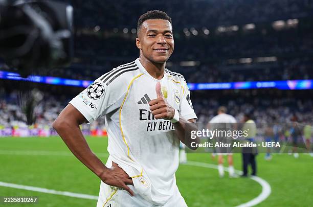 Kylian Mbappe of Real Madrid celebrates after the team's victory in the UEFA Champions League 2025/26 League Phase MD1 match between Real Madrid C.F....