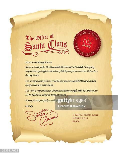 ilustraciones, imágenes clip art, dibujos animados e iconos de stock de carta de papel pergamino antiguo a santa claus con firma de letra y sello - christmas letter