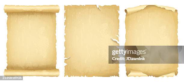 illustrations, cliparts, dessins animés et icônes de ensemble de papiers à défilement texturé vierge roulé à l’ancienne avec espace de copie sur fond blanc - rouleau de papier