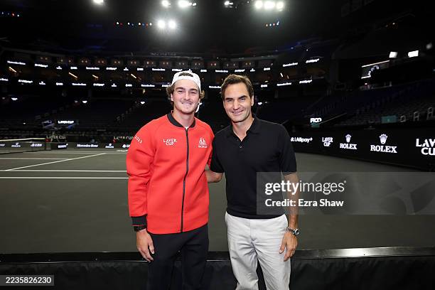 Joao Fonseca of Team World poses with former tennis player Roger Federer prior to the start of the Laver Cup 2025 at Chase Center on September 16,...