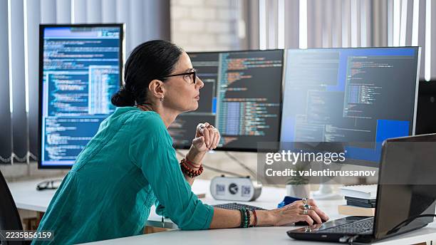 female freelance developer coding and programming. coding on two with screens with code language and application. - data scientist stock pictures, royalty-free photos & images