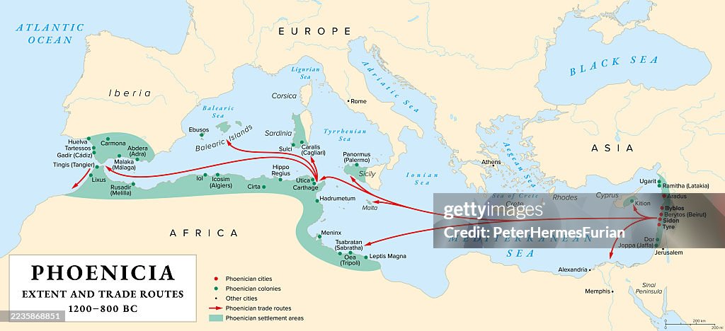 Phoenicia, extent and trade routes, history map