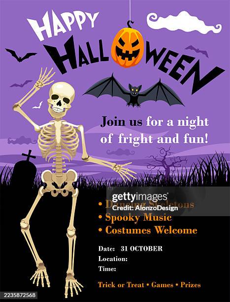 dancing skeleton on halloween stage – spooky vector illustration. - skeleton costume stock illustrations