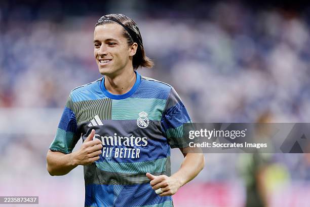 Alvaro Carreras of Real Madrid during the warming up during the LaLiga EA Sports match between Real Madrid v Espanyol at the Estadio Santiago...