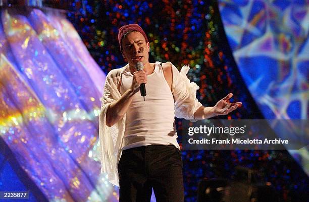 Host Jimmy Fallon performs as Enrique Iglesias for the 2002 MTV Video Music Awards at Radio City Music Hall in New York City, August 29, 2002. Photo...
