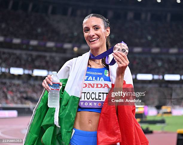 Bronze medalist Nadia Battocletti of Team Italy celebrates after the Women's 5000 Metres Final on day eight of the World Athletics Championships...