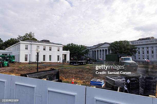 Construction continues on U.S. President Donald Trump's ballroom extension at the White House on September 20, 2025 in Washington, DC. President...