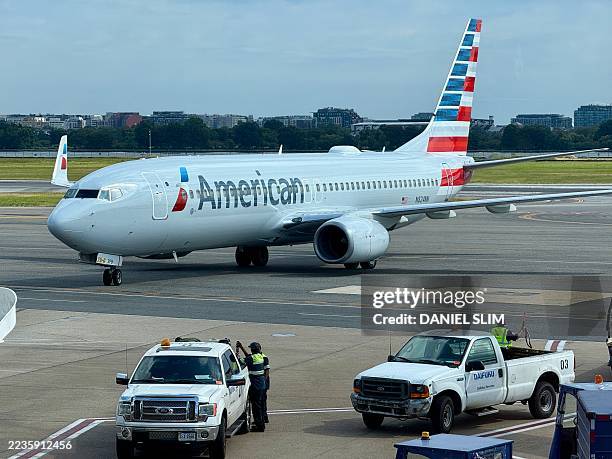 An American Airlines Boeing 737-823 approaches a gate at Reagan National Airport in Arlington Virginia, on September 20, 2025.