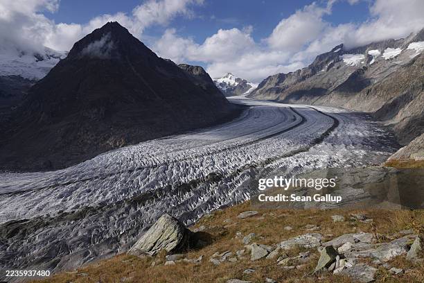 The Aletsch Glacier descends on September 14, 2025 near Bettmeralp, Switzerland. Scientists from Glacier Monitoring in Switzerland have recorded 4.6...