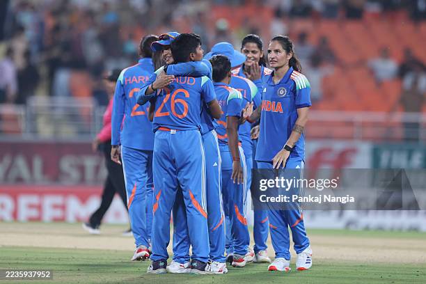 Indian team members celebrate their team's win over Australia during game two of the Women's ODI series between India and Australia at Maharaja...