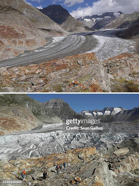 In this composite of two separate photographs, the lower portion of the Aletsch Glacier descends on August 23, 2016 and on September 15, 2025 near...