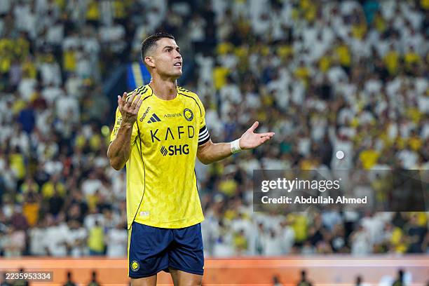 Cristiano Ronaldo of Team Al-Nassr FC celebrates scoring their fifth goal during the Saudi Pro League match between Al Nassr and Al Riyadh at Al...