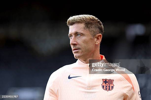 Robert Lewandowski of FC Barcelona looks on during a training session ahead of the UEFA Champions League 2025/26 League Phase MD1 against Newcastle...