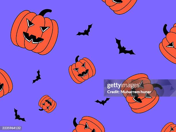 seamless halloween pattern with pumpkins and bats – vector background illustration - pumpkin carving stock illustrations