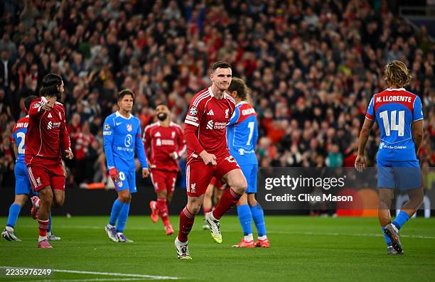 Andrew Robertson of Liverpool celebrates scoring his team's first goal during the UEFA Champions League 2025/26 League Phase MD1 match between...