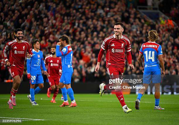Andrew Robertson of Liverpool celebrates scoring his team's first goal during the UEFA Champions League 2025/26 League Phase MD1 match between...