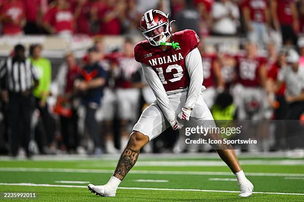 Indiana Hoosiers DL Kellan Wyatt celebrates a play during a college football game between the Illinois Fighting Illini and Indiana Hoosiersi on...