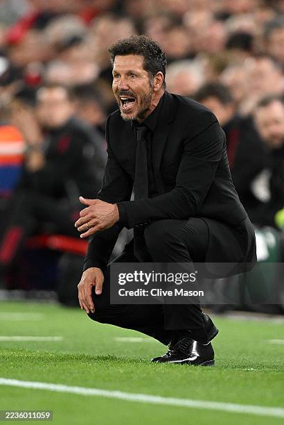 Diego Simeone, Head Coach of Atletico de Madrid, gestures during the UEFA Champions League 2025/26 League Phase MD1 match between Liverpool FC and...