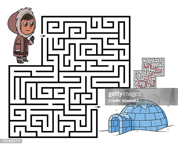 ilustrações de stock, clip art, desenhos animados e ícones de maze vector drawing for kids. eskimo and igloo. - labirinto