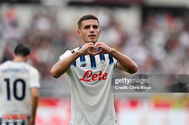 Nikola Krstovi of Atalanta BC celebrates scoring Atalanta BC first goal during the Serie A match between Torino FC and Atalanta BC at Stadio Olimpico...