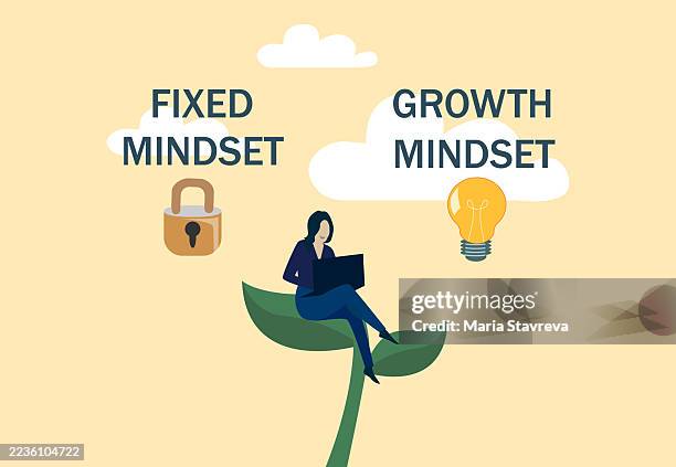 fixed mindset vs growth mindset - people solid background stock illustrations