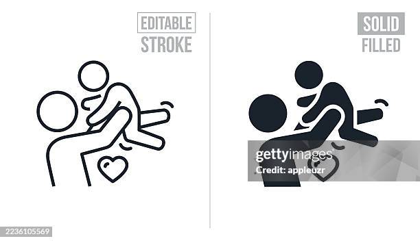 parent playfully lifts child in the air - editable stroke and solid icons - family fun stock illustrations