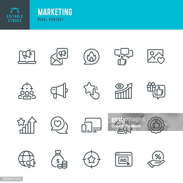 marketing - dünne linie vektor icon set. pixel perfekt. bearbeitbarer strich. das set besteht aus symbolen wie marketing, werbung, social media, positives feedback, premium-qualität, wachstum, strategie, megaphon. - feedback kommunikation stock-grafiken, -clipart, -cartoons und -symbole