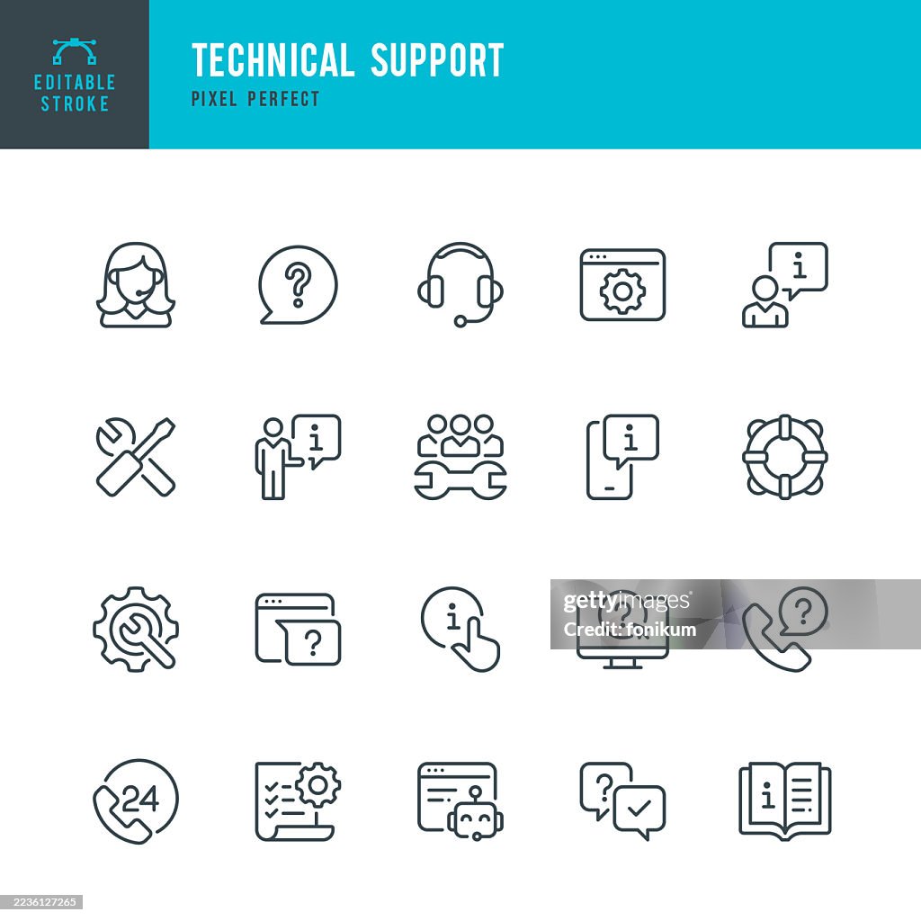 Technical Support - thin line vector icon set. Pixel perfect. Editable stroke. The set consists of icons such as Customer Support, Customer Service, Help Desk, Information, Call, Work Tool, Life Belt.