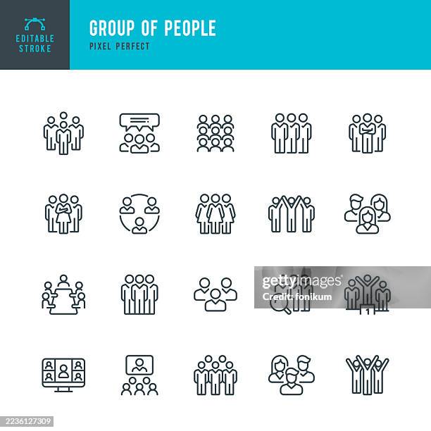 bildbanksillustrationer, clip art samt tecknat material och ikoner med group of people - thin line vector icon set. pixel perfect. editable stroke. the set consists of icons such as group of people, crowd of people, group of men, group of women, leadership, meeting, web conference, community. - endast kvinnor