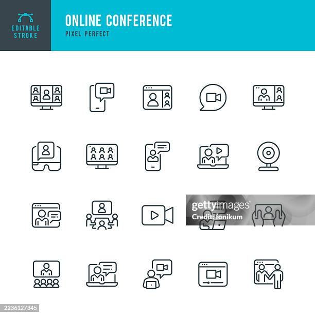 online conference - thin line vector icon set. pixel perfect. editable stroke. the set consists of icons such as video call, video conference, online meeting, group of people, community, conference call, teamwork, computer monitor. - video call stock illustrations
