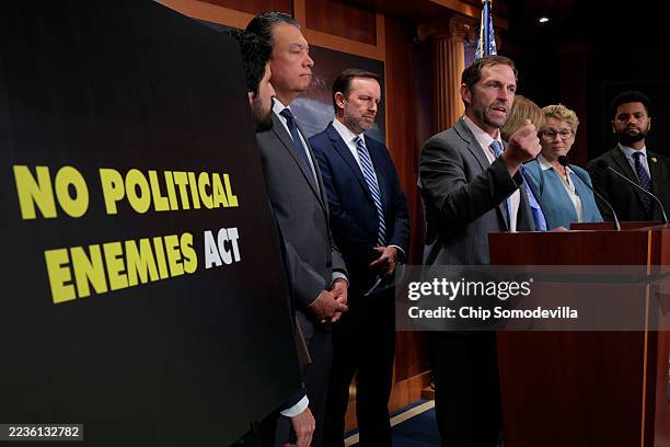 Rep. Jason Crow speaks during a news conference with Rep. Greg Casar , Sen. Alex Padilla , Sen. Chris Murphy , Rep. Chrissy Houlahan and Rep. Maxwell...