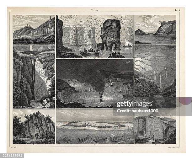 notable geological formations engraving antique illustration, published 1851 - volcano experiment stock illustrations