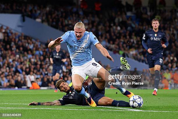 Erling Haaland of Manchester City is fouled by Giovanni Di Lorenzo of Napoli resulting in a red card during the UEFA Champions League 2025/26 League...