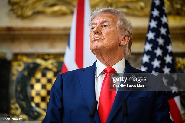 President Donald Trump talks at a press conference with UK Prime Minister Keir Starmer at Chequers at the conclusion of a state visit on September...