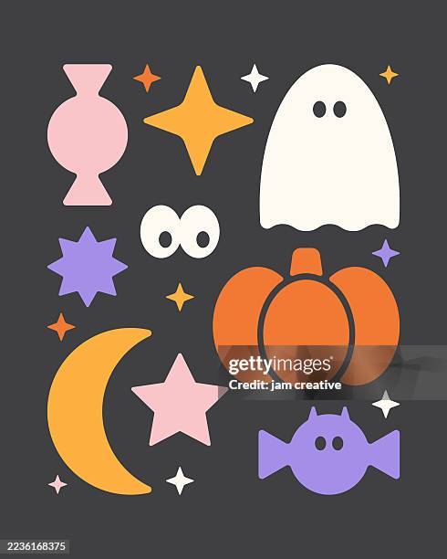 ilustraciones, imágenes clip art, dibujos animados e iconos de stock de dulce y espeluznante juego de halloween de truco o trato - envoltorio de dulce