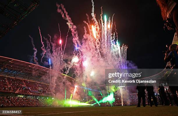 Fans watch fireworks and laser show after Los Angeles FC defeated the Real Salt Lake, 4-1, at BMO Stadium on September 21, 2025 in Los Angeles,...