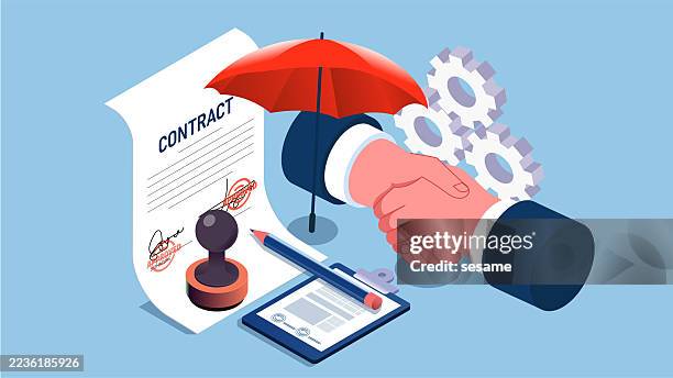 signing equitable contracts or agreements, legally protected documents. isometric view of a handshake signing an equal, protected agreement or document - customer success stock illustrations