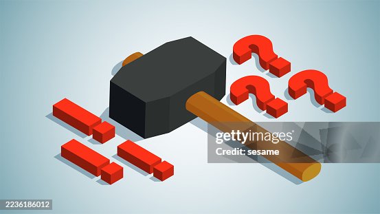 Solutions to problems, breaking down barriers or obstacles, decisive or resolute decision-making. Isometric view of a massive hammer positioned between a question mark and an exclamation mark Solutions to problems, breaking down barriers or obstacles, decisive or resolute decision-making. Isometric view of a massive hammer positioned between a question mark and an exclamation mark