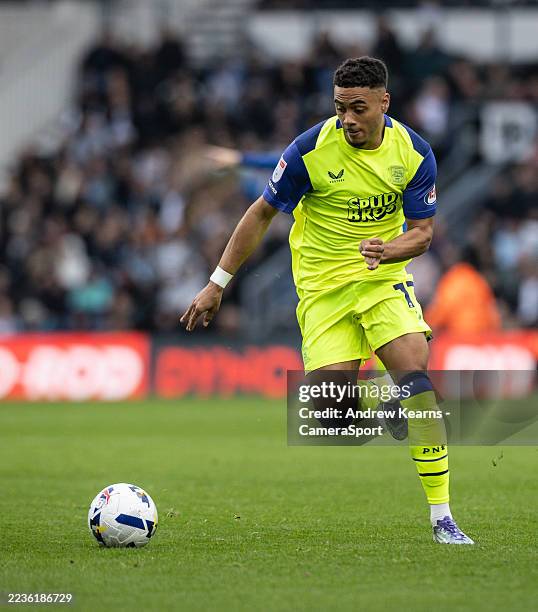 Preston North End's Lewis Dobbin breaks during the Sky Bet Championship match between Derby County and Preston North End at Pride Park on September...