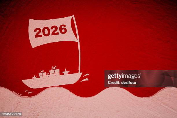 bright glowing comic fun cartoon theme christmas or new year diwali red vector backgrounds with textured effect and rough plastered wall having a graffiti of one pale faded boat or yacht sailing over tide of waves with text 2026 with gift boxes stars - rollercoaster drop stock illustrations